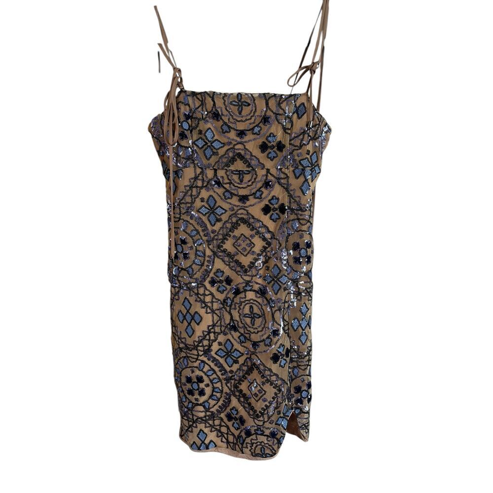 Free People Beaded Mini Dress in Tan and Blue